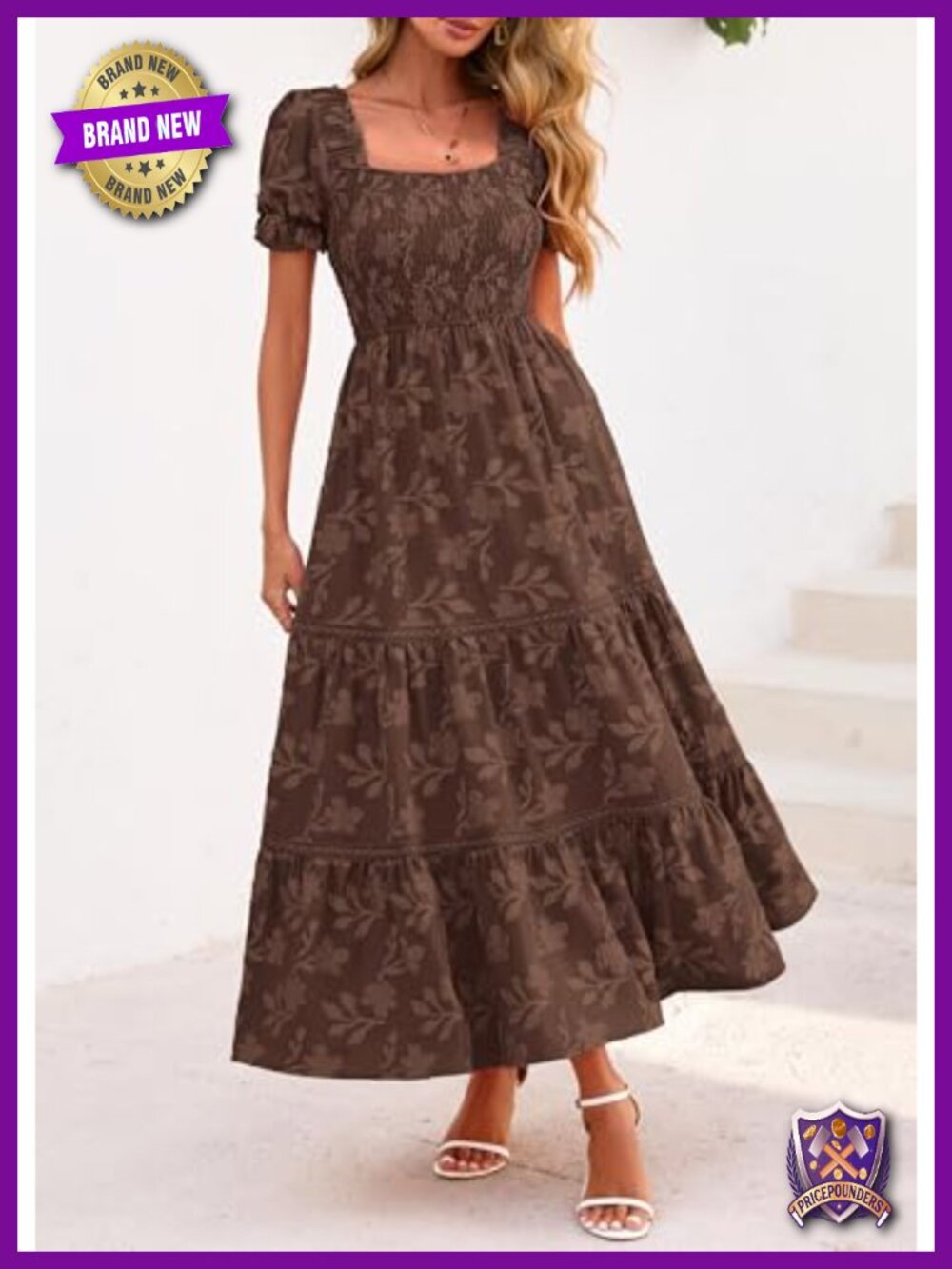 Boho Floral Maxi Dress Square Neck Smocked Ruffle A-Line Wedding Guest - Picture 4 of 6
